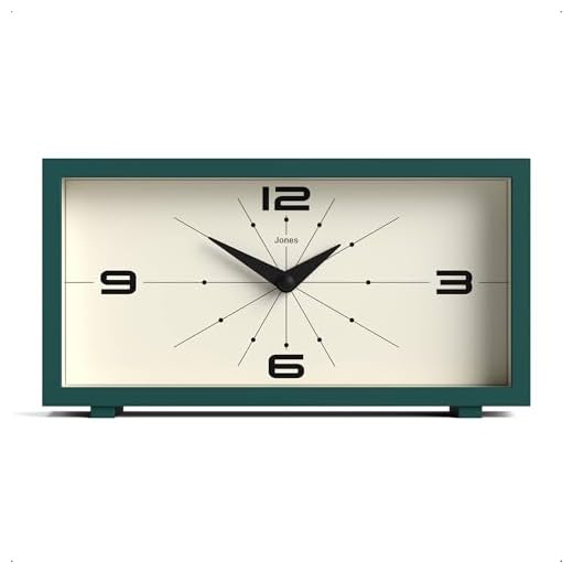JONES CLOCKS® 'Odeon' Desk Clock - Modern Rectangular Design in Green, Stylish Retro Look for Shelf, Table, Mantel or Bedside