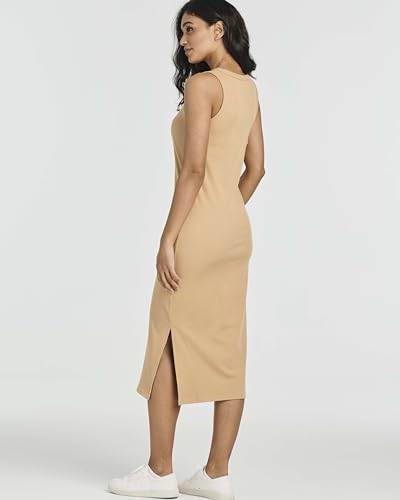 Image of Real Essentials 3 Pack: Women's Ribbed Knit Sleeveless Crew Neck Tank Casual Midi Shift Dress with Slit