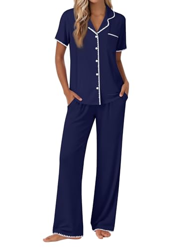Image of Ekouaer Pajamas for Women Set Button Up Soft Pjs Short Sleeve 2 Piece Lounge Sets Comfy Sleepwear