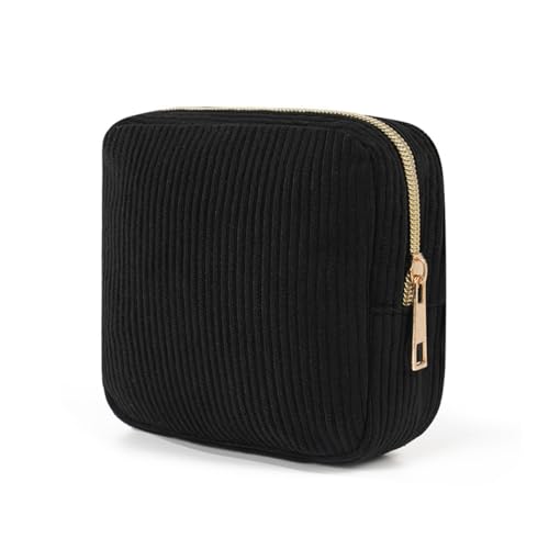 Pequena bolsa de maquiagem para mulheres, mini bolsa de cosméticos de veludo cotelê, linda bolsa de cosméticos para mulheres com bolsa, Preto