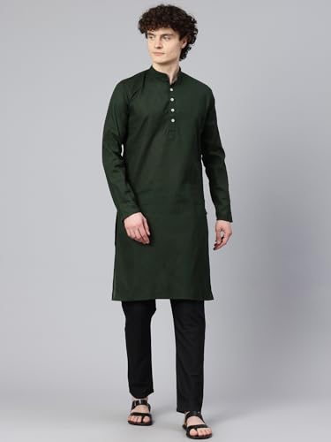 Image of Majestic Man Men's Cotton Regular Fit Casual Mandarin Collar Ethnic Motifs Solid Long Kurta
