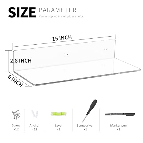 Image of 15 Inches Clear Acrylic Shelves, Wall Mounted Shelves for Bedroom, Wall Display Shelves for Collectibles, Funko Pop, Speaker, Plants, Space Saver, Wide Application, 4 Pack