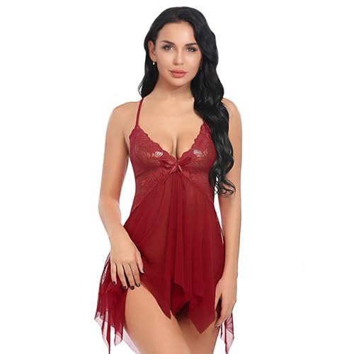 YaShaer Lencería para Mujer de Encaje Babydoll Ropa de Dormir con Cuello en V Conjunto de Ropa de Dormir con Tanga, Rosso, L