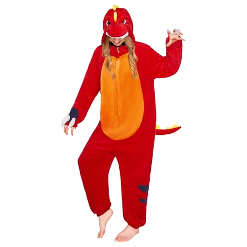 OLAOLA Red Dinosaur Adult Onesie, Flannel Unisex Animal Pajamas, Plush
