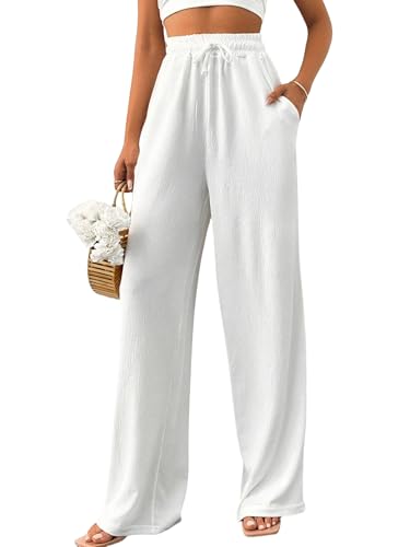ZAFUL Women's Wide Leg Casual Pants Linen Look High Waist Drawstring Straight Solid Trousers with Pockets