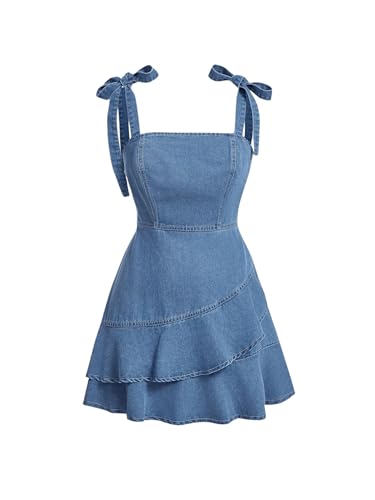 Image of SHENHE Women's Tie Shoulder Sleeveless Denim Mini Dress Layered Ruffle Hem Jean Dress