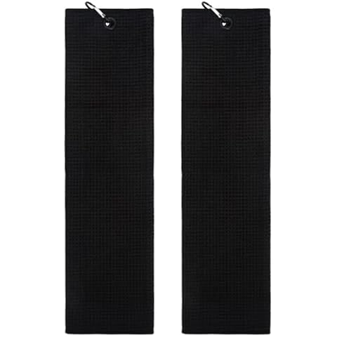 Myartte Golf Towel with Carabiner 19.4" x 5.5" Waffle Pattern Microfiber Golf Towel Black Tri-fold Golf Towel for Golf Bag Golf Cleaning Towel for Men Women Golfer (Black 2 pcs) Cover