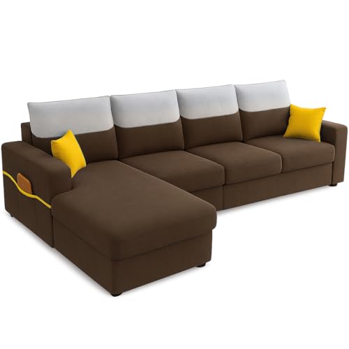 Image of Furny Tokiaa 8 Seater Fabric LHS L Shape Sofa Set with 1 Centre Table & 2 Puffy (Brown) | Soft Velvet Fabric | Modern Design | Comfortable Seating | Living Room Furniture