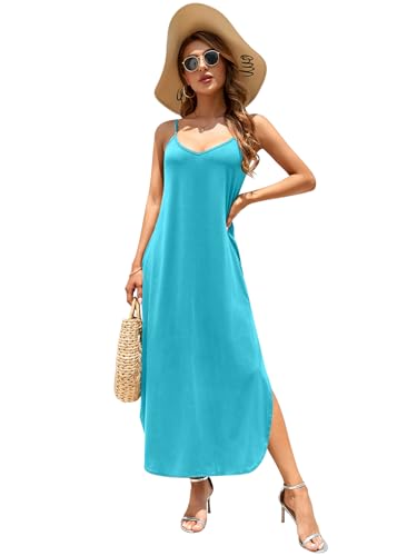 HUSKARY Women's Summer Casual Sleeveless V Neck Strappy Split Loose Dress Beach Cover Up Long Cami Maxi Dresses with Pocket3