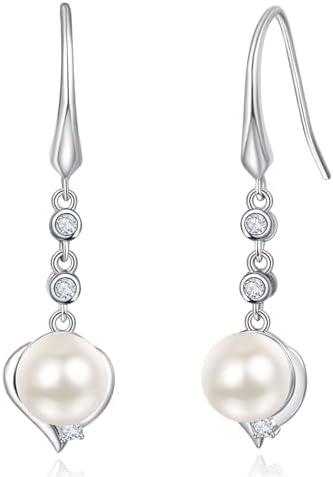 Pearl Drop Earrings - Sterling Silver Fish Hook Dangle Earrings with Cubic Zirconia, Heart-Shaped Pearl Jewelry Gifts for Birthday, Wedding