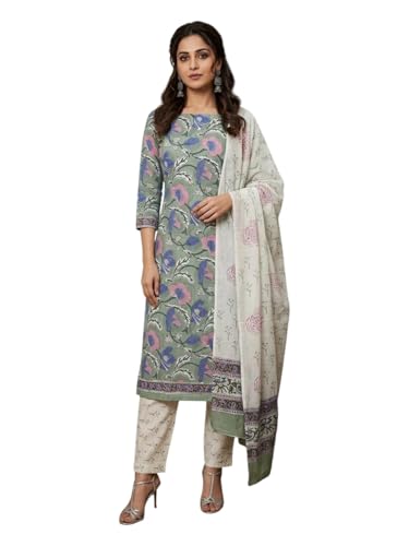 Image of Eddika women unstitched hand block printed cotton suit set with mulmul dupatta ehbpcswmd0120P