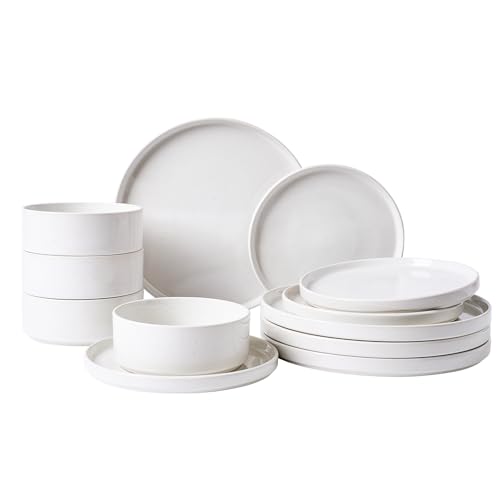 Image of Famiware Nebula Plates and Bowls Set, 12 Pieces Dinnerware Sets, Dishes Set for 4, White with Colorful Speckles
