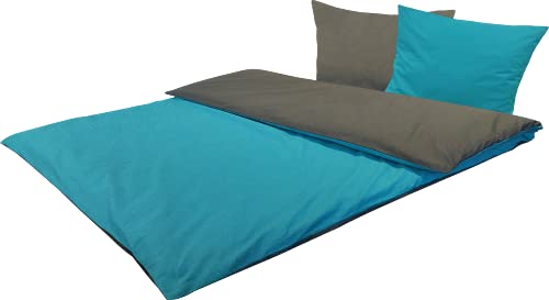 MB Warenhandel24 Bettwäsche 2-Teilige Hochwertige Renforcé aus 100% Baumwolle Uni Wende Anthrazit/Türkis 1X 135x200 Bettbezug + 1X 80x80...