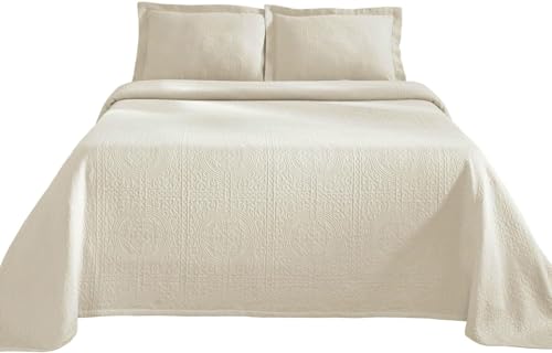 Superior Cotton Fleur De Lis Bedspread Set, Warm Blankets, All-Season Bedding, Bedroom Decor, Decorative Boho Medallion Coverlet, Includes 1 Bedspread, 1 Pillow Sham, Twin, Ivory