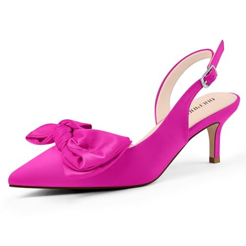 Ouepiano Kitten Heels with Bow - Slingback Pointed Toe Low Heels Adjustable Elastic Strap with Buckle Slip On Satin Pumps for Bridal Wedding Party