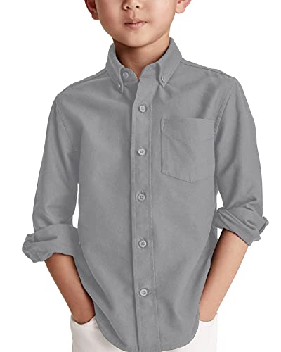 Jungen Langarm Hemden Baumwoll Casual Hemd Kinder Einfarbig Shirt Oberteil mit Brusttasche, Grau, 8-10 Jahre