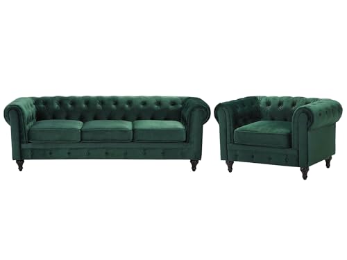 Beliani Wohnzimmer Set Sofa Sessel Samtstoff englischer Stil grün Chesterfield