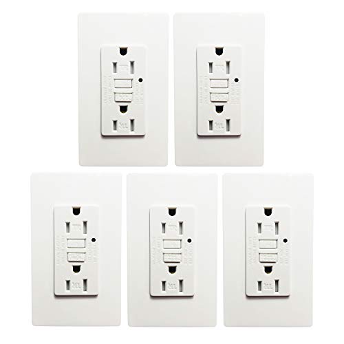 GFCI Wall Outlet -SECKATECH 15 Amp 125 Volt Tamper-Resistant Receptacle with Indicator Light,2 Nylon Wallplates, Screws,White. (5pack)