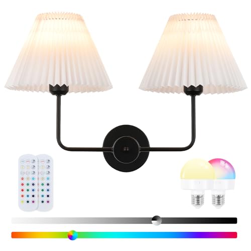 Image of Double Light Battery Operated Wireless Wall Sconces with White Pleated Fabric lampshade, 2-Light Antique Brass Sconce for Bathroom Vanity Hallway Stairway Living Room (Gold & Black)