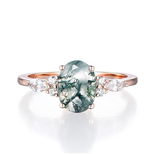 1.5ct Oval Natural Green Moss Agate Engagement Ring Rose Gold Cluster Aquatic Agate Promise Ring Woman Marquise Cut CZ Diamond Wedding Ring