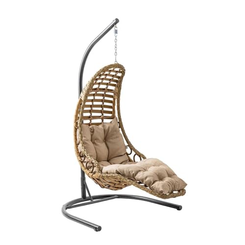 Alveon Hängesessel mit Gestell & Kissen mit Schutzhülle Handgeflechtet Hängestuhl Rattan Hängematte Hängekorb Garten Balkonmöbel Hängeschaukel Bodrum (Hellbraun)