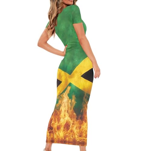 Image of Womens Short Sleeve Jamaican Flag Midi Bodycon Dress | Soft stretchy fabric,crew neck,jamaican print casual date night cocktail party, elegant chic, spring summer fall all season