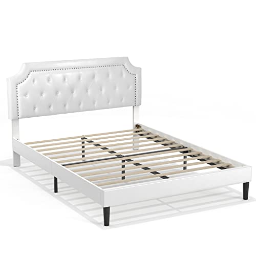 Bonsoir Queen Size Bed Frame Upholstered Low Profile Platform Bed With Tufted Faux Leather Headboard/No Box Spring Needed/No Bed Skirt Needed/White Faux Leather #TOP7