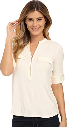 Calvin Klein Women's Modern Essential Zip Front Roll Sleeve Blouse (Standard and Plus)