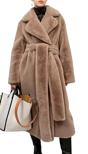CHARTOU Women Faux Fur Coat Long Sleeve Winter Fluffy Jacket Overcoat Warm Fuzzy Coat Cardigan with Belt Outdoor