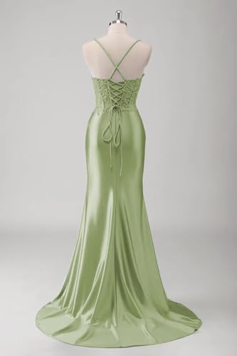 Sukleet Women's Lace Applique Satin Prom Dress with Slit Mermaid Ruched Corset Long Formal Evening Gown2