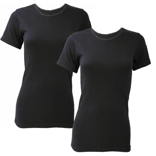 2 Packs Ladies Thermal Underwear Short Sleeve Vest 0.45 TOG Women's T-Shirt White Delux Top Winter Warm Base Layer (Black, M)