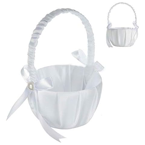 Washranp White Flower Girl Basket with Satin Bow Cover