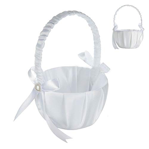 ExhilaraZ Romantic White Satin Bowknot Pearl Flower Girl Basket Wedding Party Decoration
