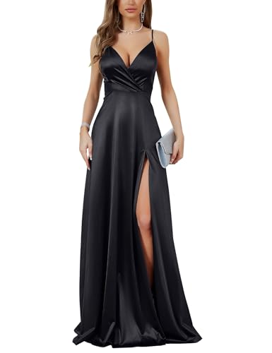 Image of MUXXN Women's Gorgeous Spaghetti Strap V Neck Stain Split Evening Party Maxi Dress