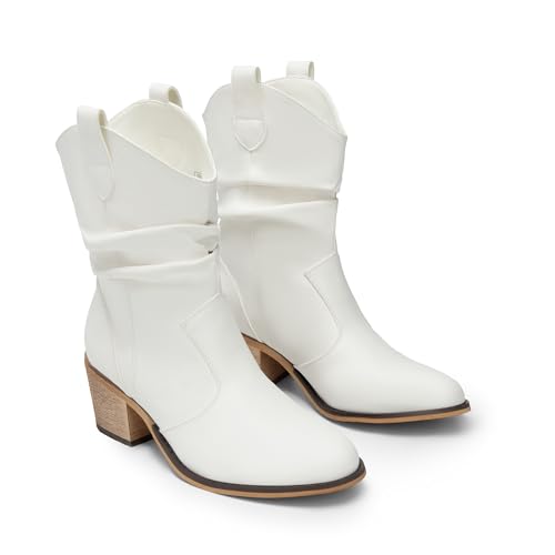 DREAM PAIRS Women's Modern Western Cowboy Boots, Mid Calf Round toe Chunky Heel Cowgirl Country Ankle Boots with Pull On Tabs,Size 8.5,White,SDMB2408W