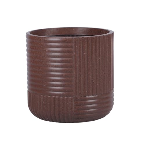Image of Bonkaso 12 Inch Ribbed Planter Pot for Indoor & Outdoor Use | Round Heavy Duty Polymer Flower Pot | Lightweight Weather Resistant Modern Gamla for Living Room Balcony & Terrace (Brown)
