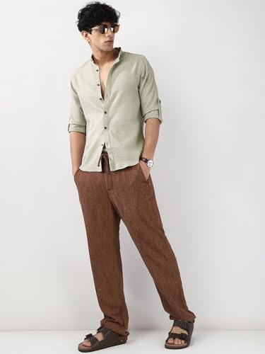 Image of Urbano Fashion Men's Linen Blend Full Sleeve Relaxed Fit Mandarin Collar Casual Solid Shirt