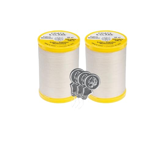 Coats & Clark Cotton All Purpose Sewing Thread 100% Mercerized Cotton 225 Yards Each Spool S970 2 Pack Bundle with 3 Bella's Crafts Needle Threaders (Natural)