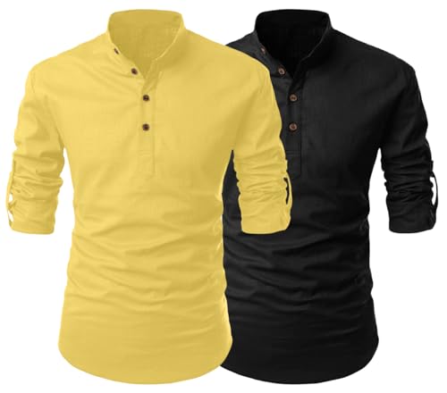 Image of FINIVO FASHION Combo of Men's Cotton Blend Solid Regular Fit Full Sleeve Straight Short Kurta Shirt, Casual and Formal Wear