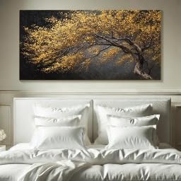 Tableau abstrait arbre doré grande peinture à l'huile moderne