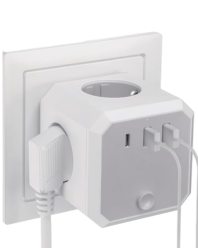 Multiprise Cube Murale 7 en 1, 4 Prises AC (4000W/16A) et 3 Ports USB (1 USB-C + 2 USB-A), Adaptateur de Prise sans Câble Idéal pour Bureau, Cuisine et...