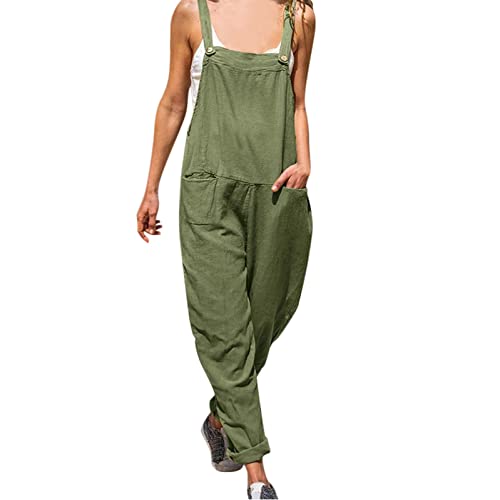 Hanaturu Overol casual sin mangas para mujer, con cuello cuadrado, con tirantes delgados, elástico, pierna ancha, pantalones largos, bolsillos, 02-verde, Large