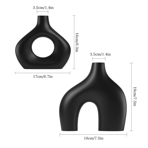 Ceramic Vase Set of 2, Black Pampas Grass Vases for Home Decor, Round Boho Vases for Flowers, Nordic Minimalism Style vase for Table Centerpiece Living Room Bedroom Shelf Decor