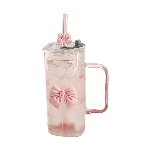 Generisch Latte Macchiato Bicchiere da 400 ml – Bicchiere quadrato in vetro con fiocco rosa, coperchio e cannuccia, regalo per ragazze – con manico, coperchio in plastica