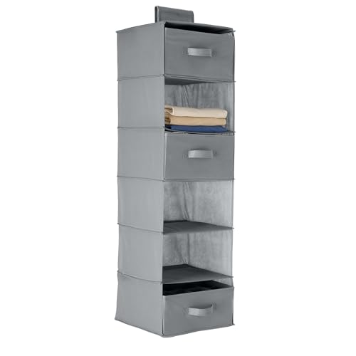 Amazon Basics 6-Tier Hanging Shelf Closet Storage Organizer with Removable Drawers, Grey, 6.9″D x 13.6″W x 12.2″H