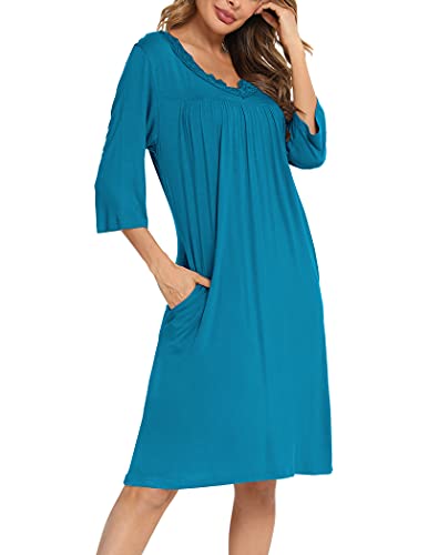 Yya Lace Sleepwear Women's V Neck Nightshirt 3/4 Sleeve Soft Pleated Nightgown Plus Size Steelblue #TOP1