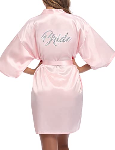 Litherday Peignoir Femme Satin Sexy Robe de Chambre Pour fête de mariage à Manches Courtes Kimono Yukata Sortie de Bain,Mariée Rose Clair,L Cover