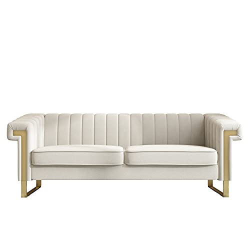 Fhdlds 84 Inch Chesterfield Sofa With Tufted Velvet Upholstered, Modern Velvet Couch With Flared Arms And Removable Cushions, Living Room Furniture,Solid Wood Frame And Gold Legs (Beige) #TOP2