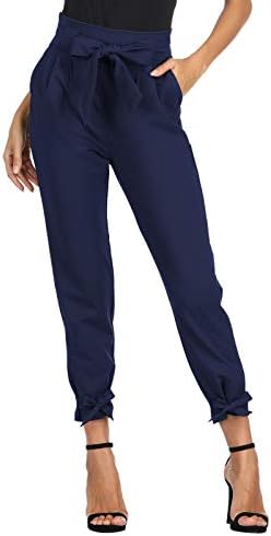 GRACE KARIN Women's Cropped Paper Bag Waist Pants with Pockets Navy Blue M