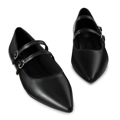 Image of Trary Flats for Women Mary Jane Shoes Women Closed Pointed Toe Ballet Flats Comfortable Slip on Dressy Adjustable Strap Cute Walking Office PU Leather Mary Janes Flat Shoes